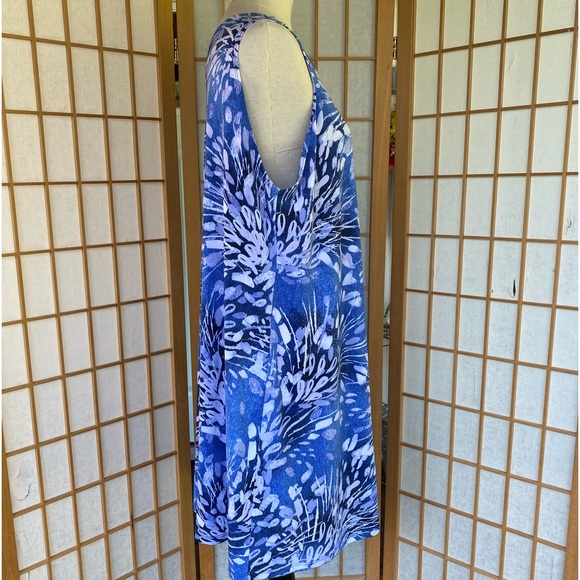 Clara Sun Woo Midi Stretch Knit Sleeveless Blue Print Swing Shift Dress SZ 1X - Picture 6 of 13